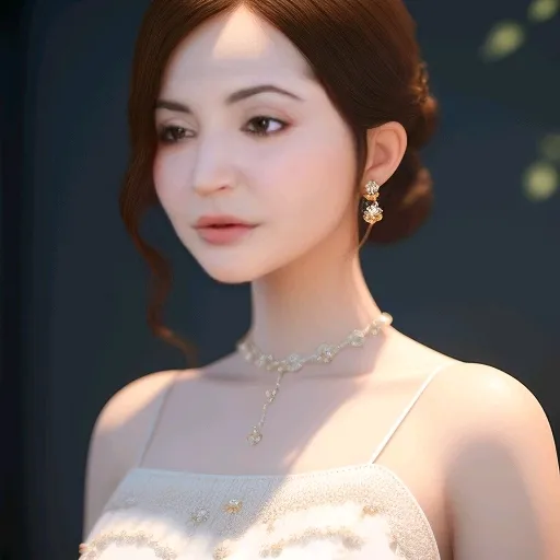 a woman in a white dress wearing a necklace and earrings