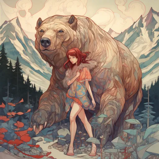 a woman standing next to a large bear in a forest