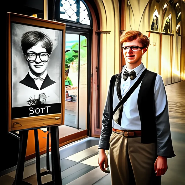 a man standing in front of a portrait of a man