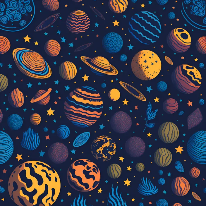 a pattern of planets and stars on a dark background