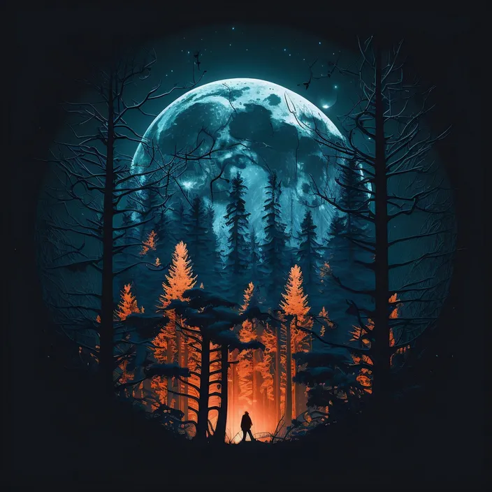 a man standing in the middle of a forest under a full moon