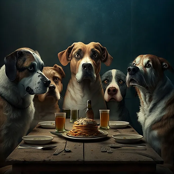 a group of dogs sitting at a table with a cake