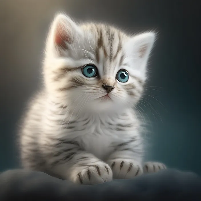 a white kitten with blue eyes sitting on a pillow