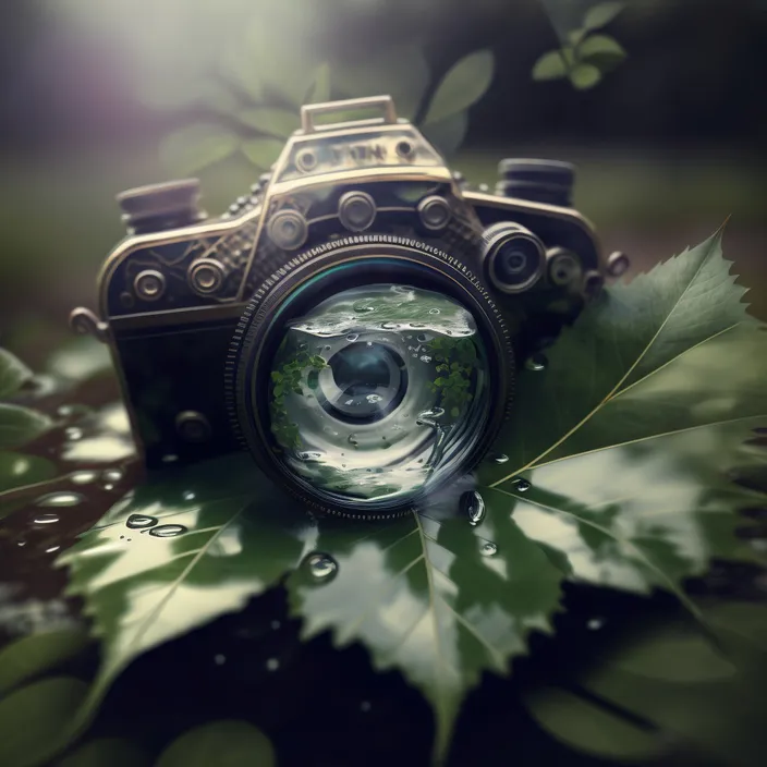 a camera sitting on top of a green leaf