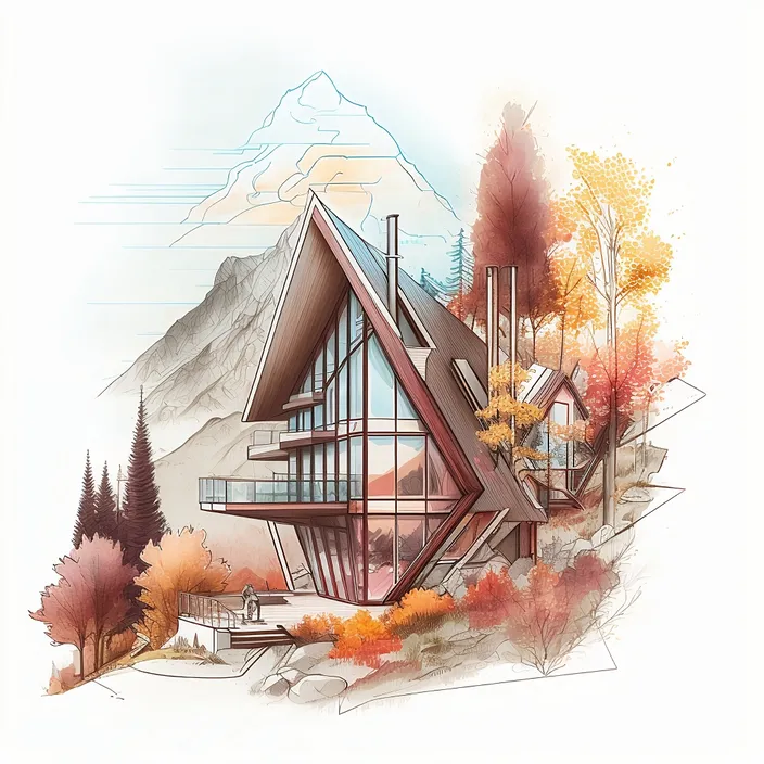 a drawing of a house with a mountain in the background