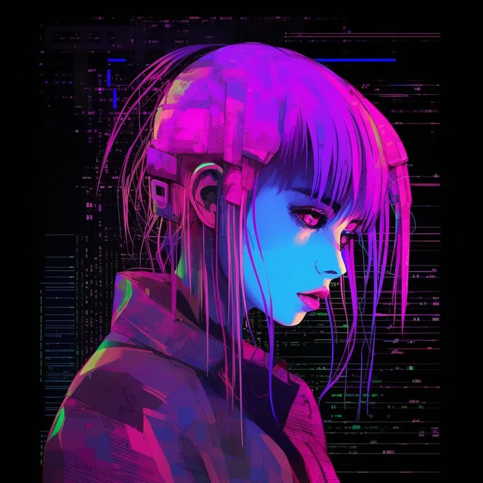 a woman with pink hair and a black background