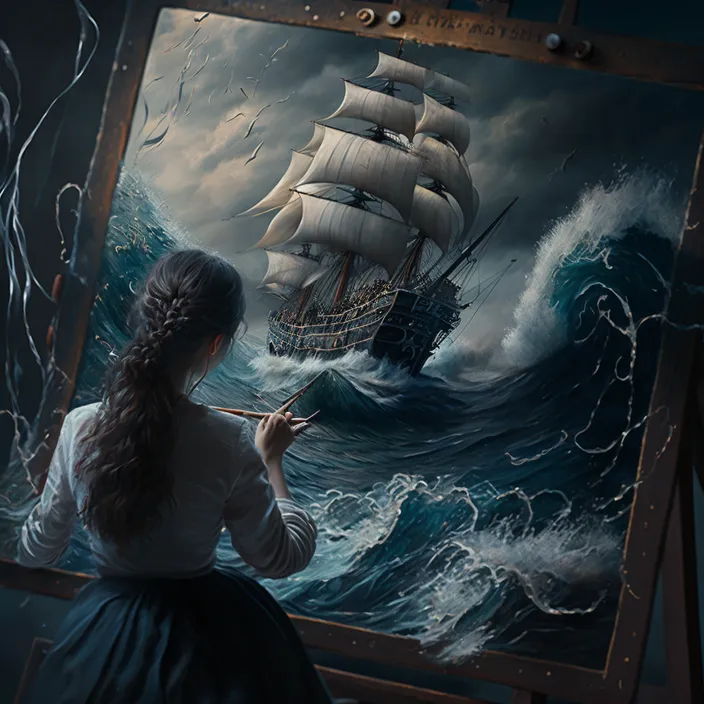 a painting of a woman painting a ship