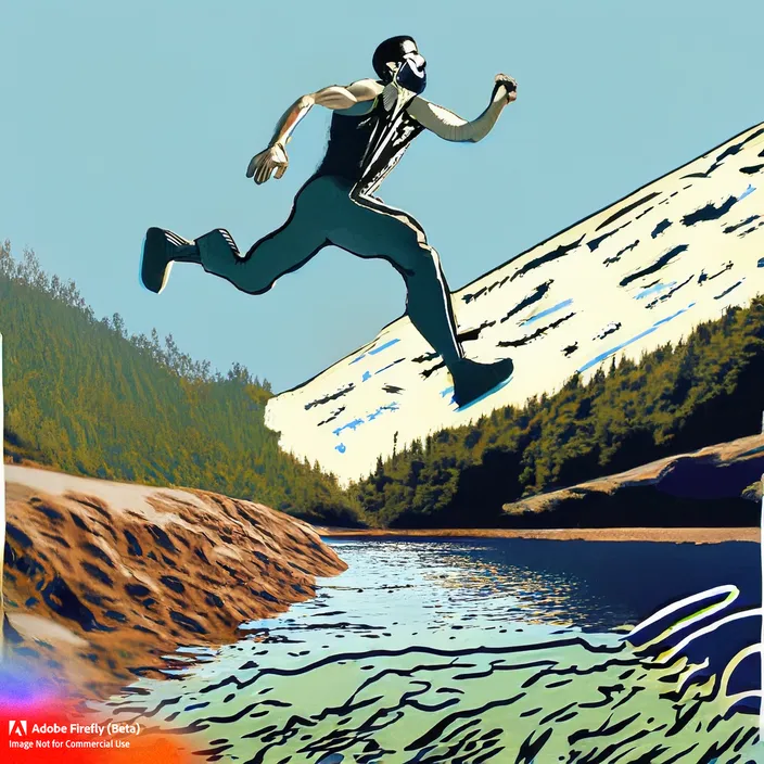 a painting of a man running across a river