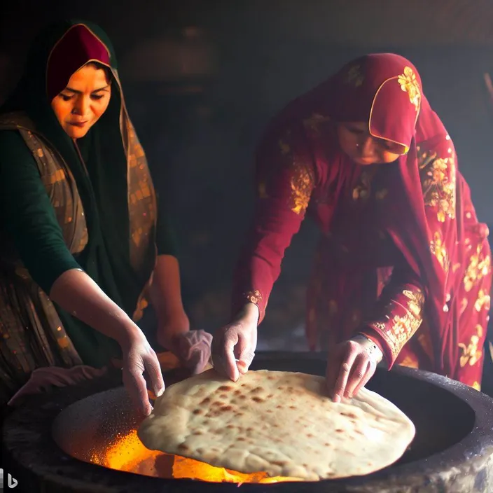 a couple of women standing over a pan filled with food