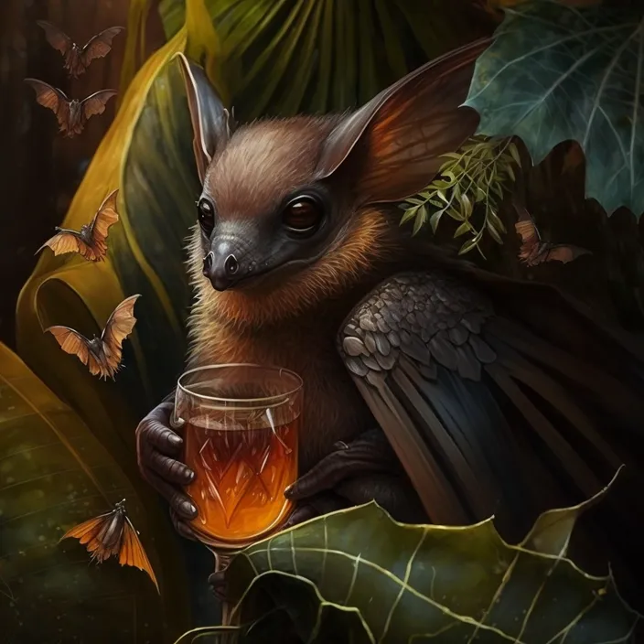 a painting of a bat holding a glass of liquid