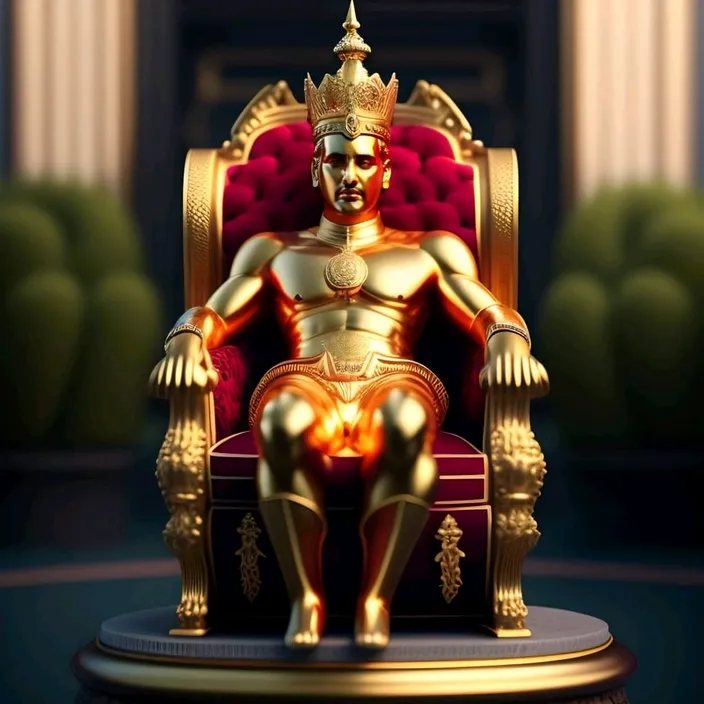 a golden statue sitting on top of a red chair