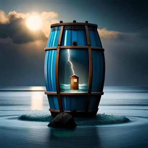 a barrel with a house in it floating in the water