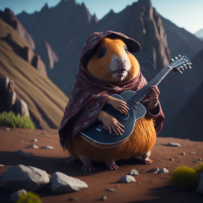 a hamster with a hat and scarf playing a guitar