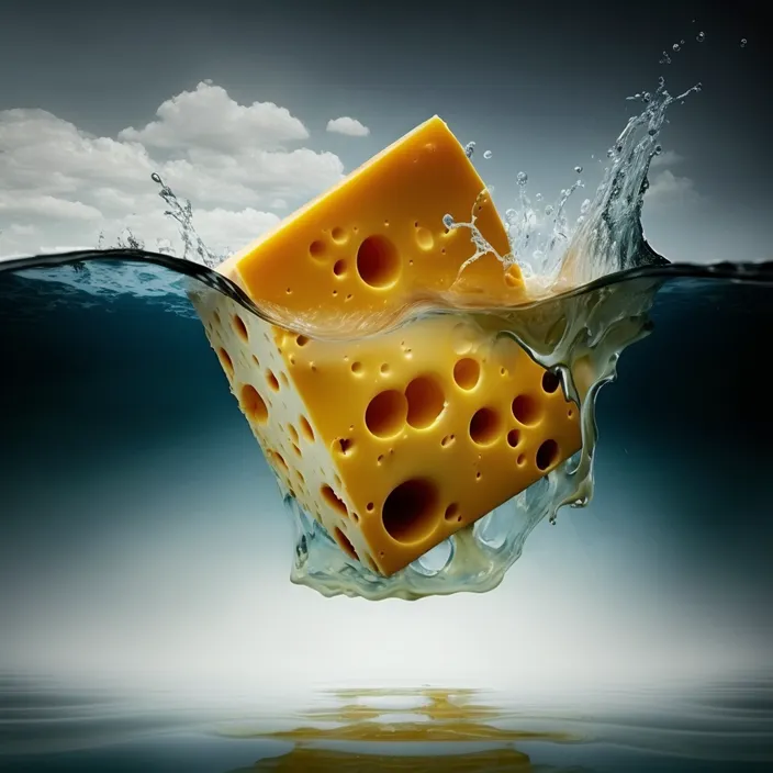 a piece of cheese floating in the water