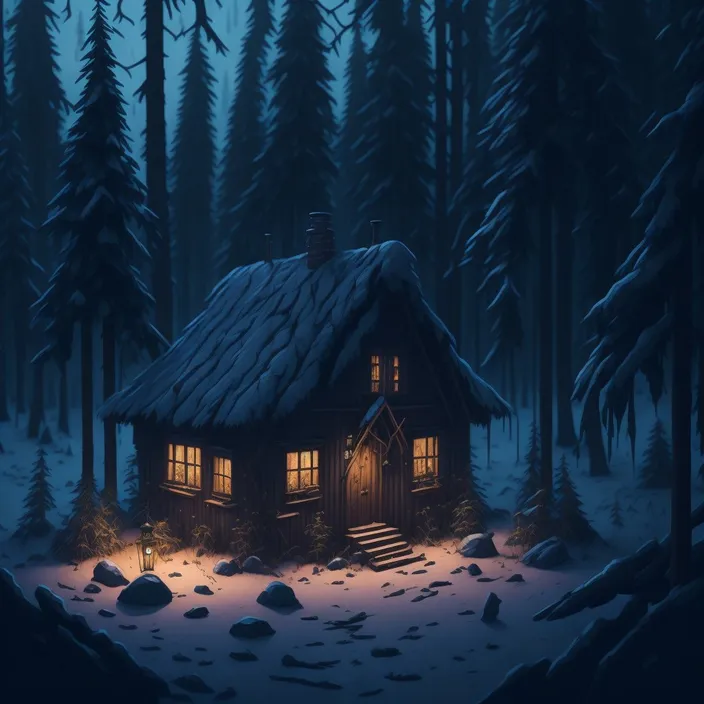 a small cabin in the middle of a snowy forest