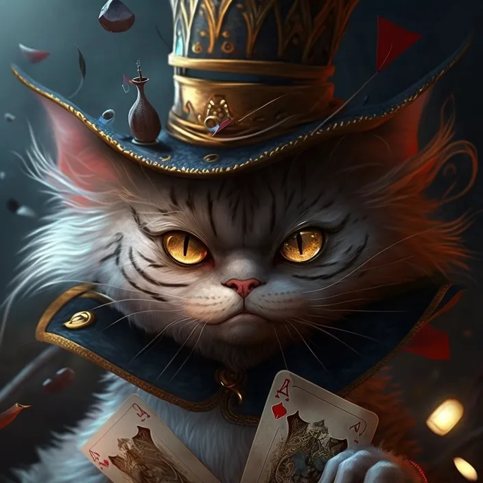 a cat wearing a hat and holding a deck of cards