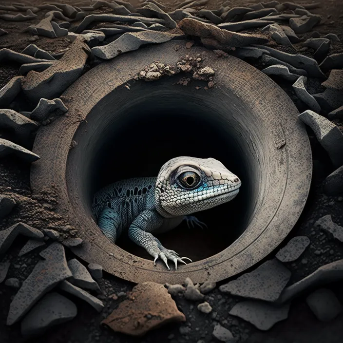 a lizard is sitting in a hole in the ground