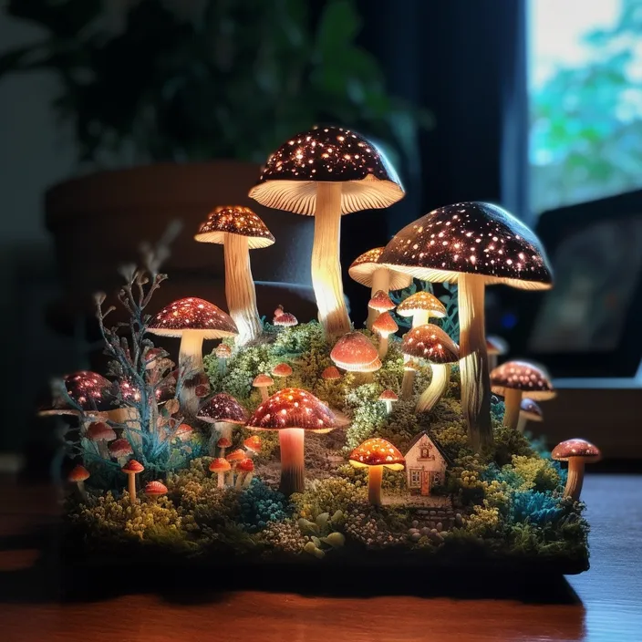 a group of mushrooms sitting on top of a wooden table