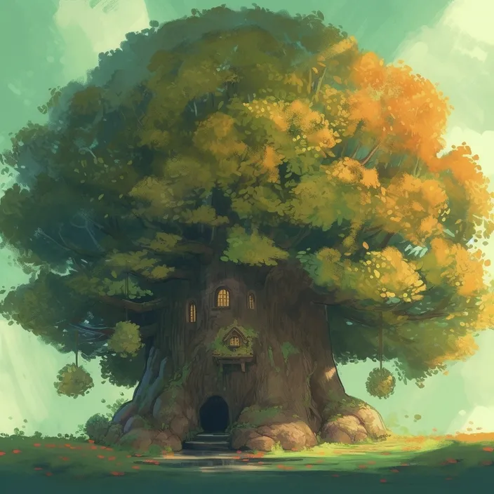 a painting of a tree house in the middle of a field