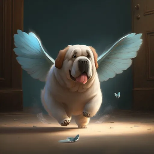 a dog with wings on it's back is standing in front of a door