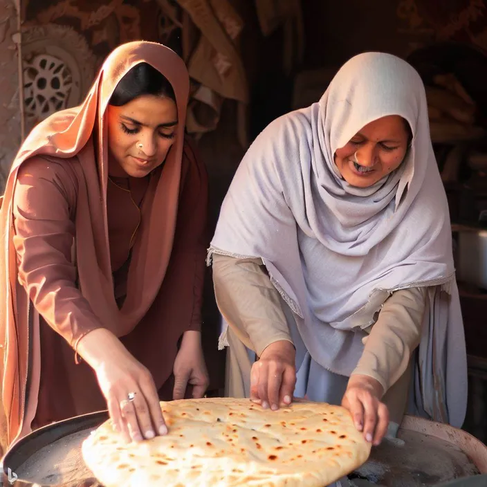 a couple of women standing over a pan of food