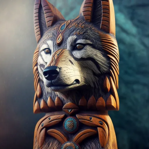 a statue of a wolf wearing a native american style headdress