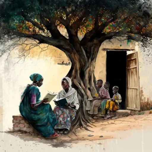 a painting of a group of people sitting under a tree