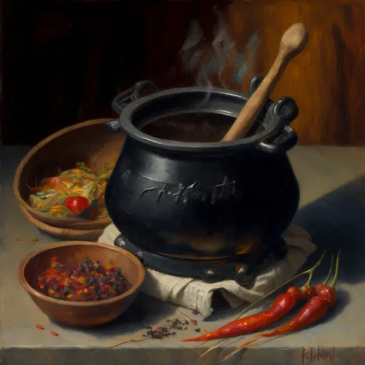 a painting of a pot and bowl of food