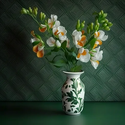 a white vase with orange and white flowers in it