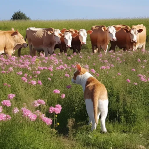 a brown and white dog standing in a field of pink flowers