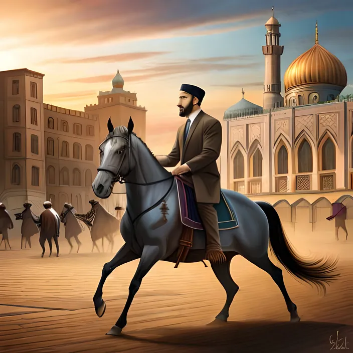 a painting of a man riding a horse in front of a building