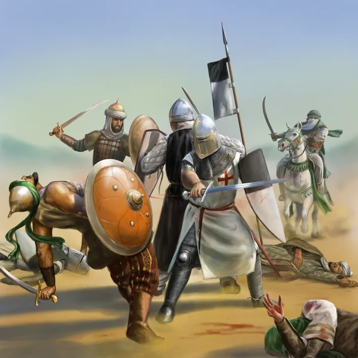 a painting of a group of knights fighting