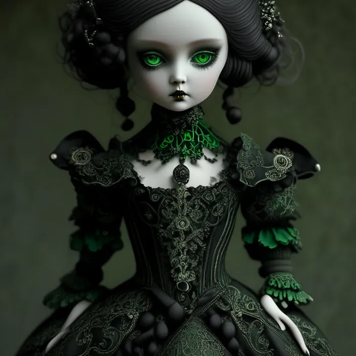 the porcelain doll becomes very glowing neon green and has a powerful aura around her