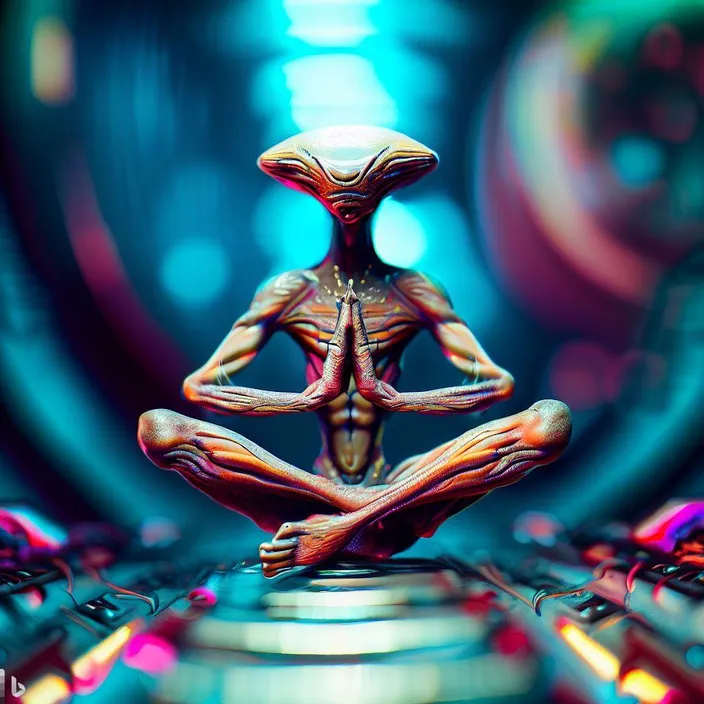 an alien levitating in front of a computer keyboard