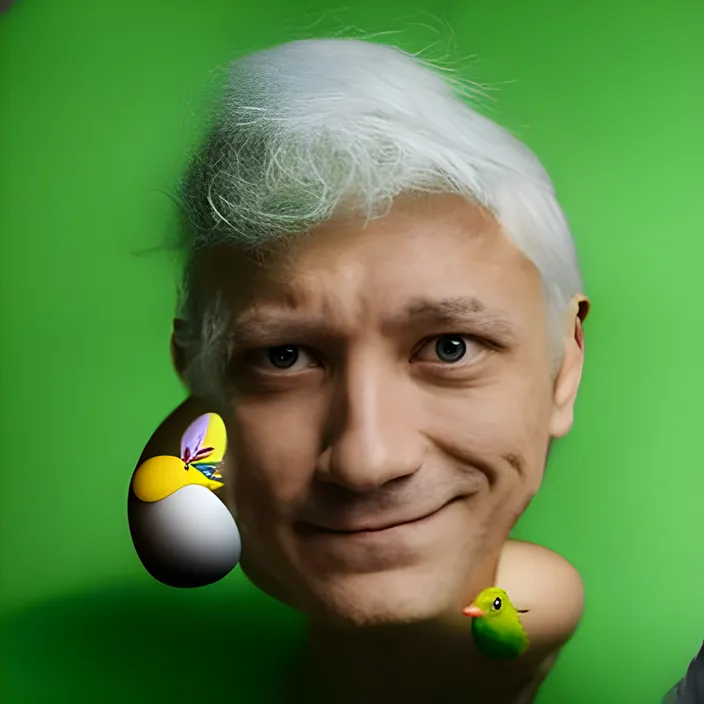 a man with white hair and a green background