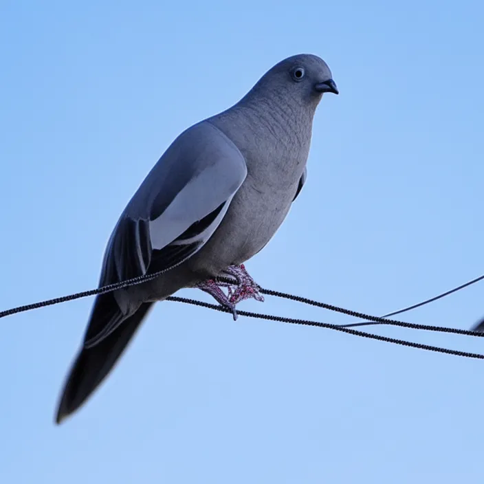 a pigeon sitting on a wire with a blue sky in the background