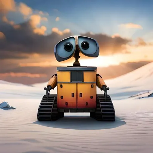 a robot with big eyes standing in the snow