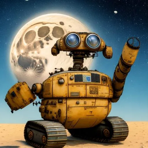 a yellow robot sitting on top of a sandy beach