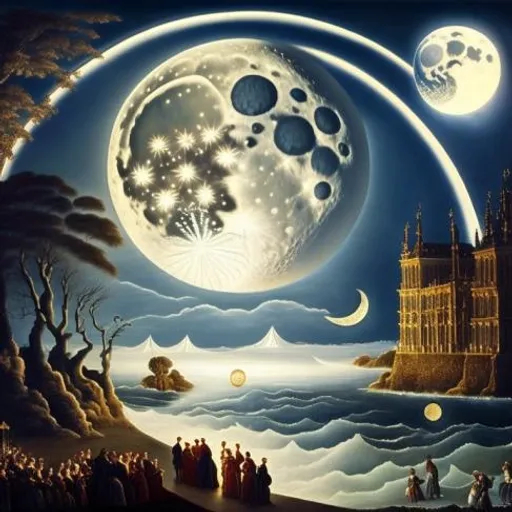 a painting of a full moon with a castle in the background