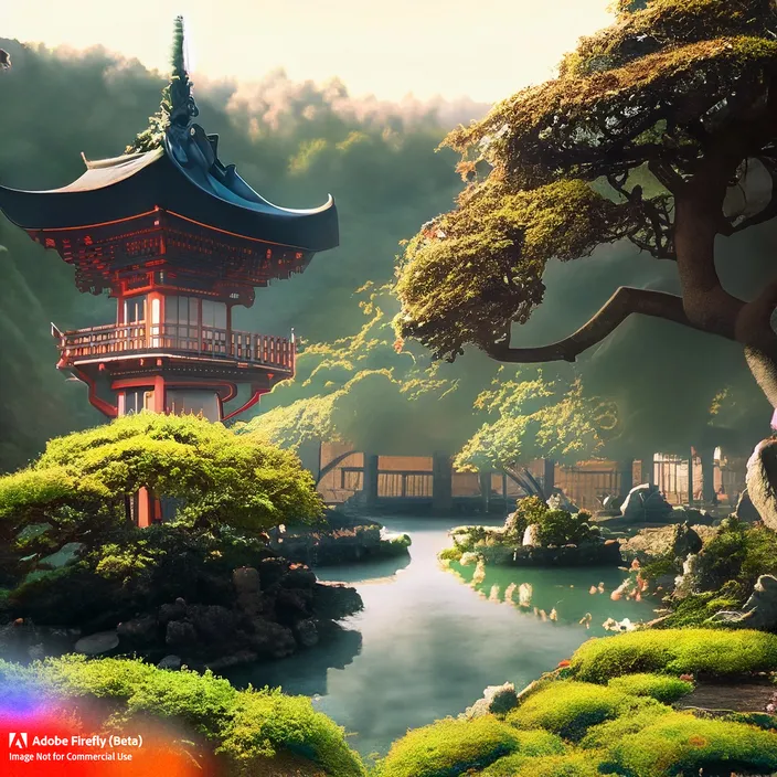 a painting of a pagoda in the middle of a forest