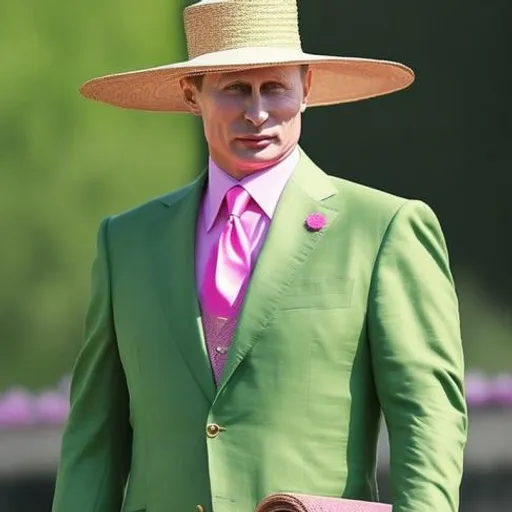 a man in a green suit and pink tie