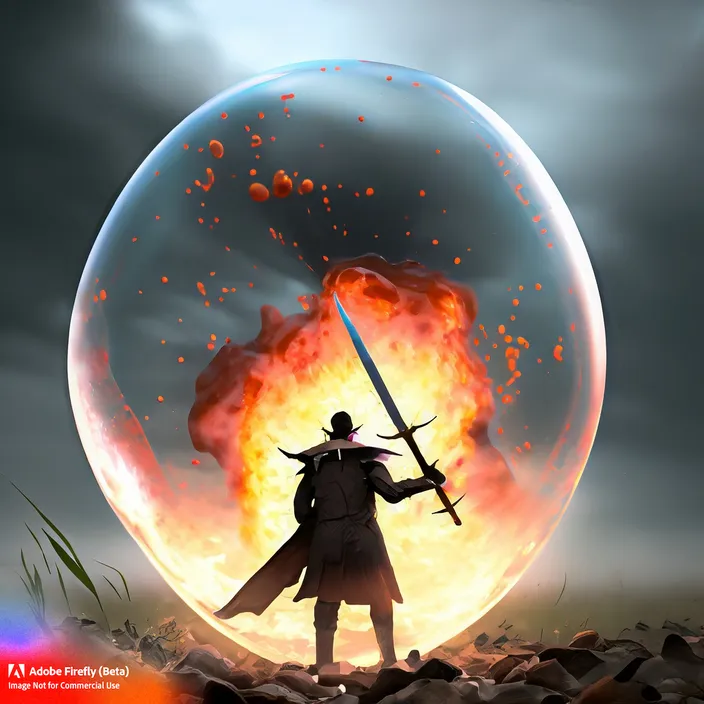 a man holding a sword standing in front of a giant ball of fire