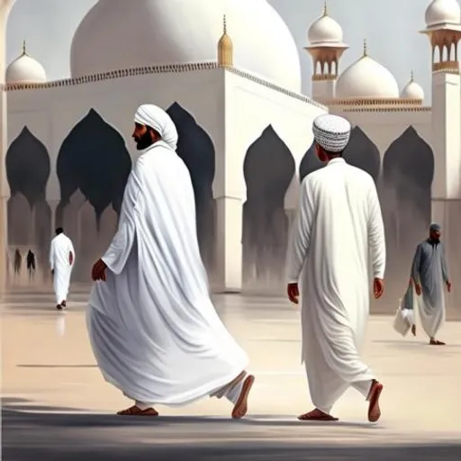 a painting of two men walking in front of a mosque