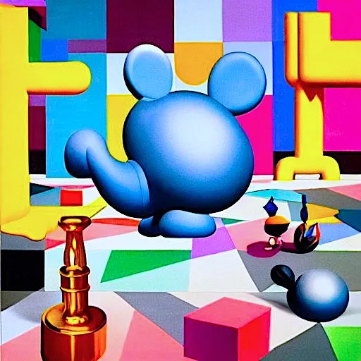 a painting of a blue mouse in a colorful room