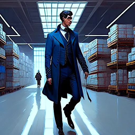 a painting of a man in a warehouse