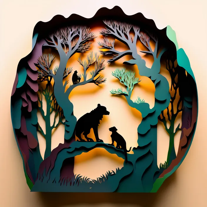 a paper cut of a bear and cub in a forest