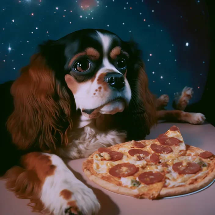 a dog sitting next to a pizza on a table