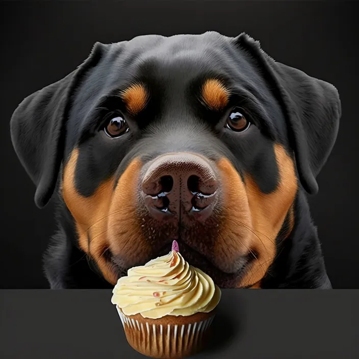 a close up of a dog with a cupcake