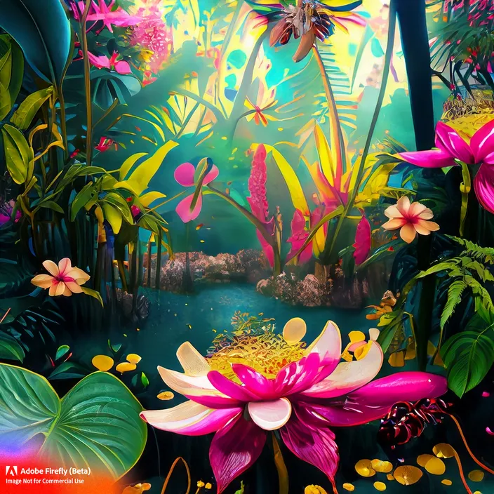 a painting of flowers and plants in a forest