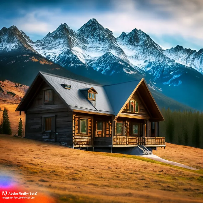 a log cabin sits in front of a mountain range